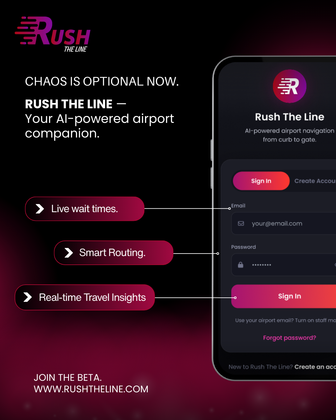 Mobile app screens showing airport companion flows