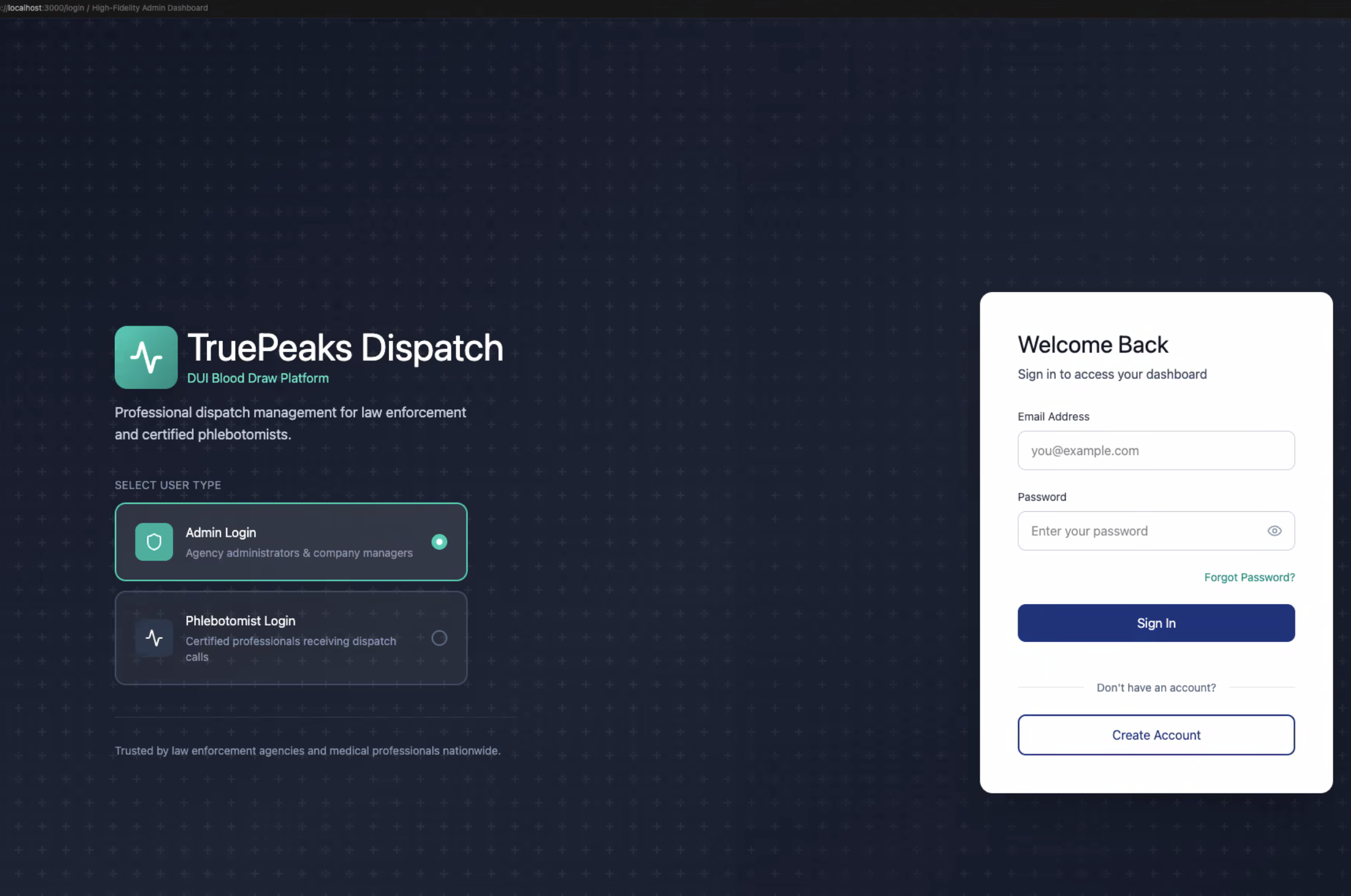 True Peaks login screen with secure authentication